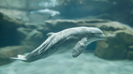 Fototapeta premium A majestic beluga whale gliding gracefully through crystal-clear waters, with a blurred background highlighting its beauty
