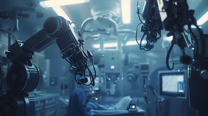 A closeup shot of the robotic arms during an operating room scene