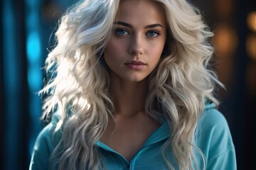 realistic portrait of a 21-year-old fit beautiful nordic woman wearing a minimalistic bright turquoise gym outfit. - obrazy, fototapety, plakaty