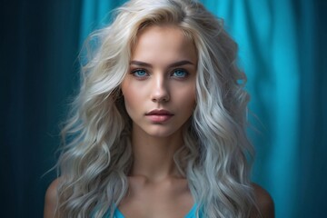 realistic portrait of a 21-year-old fit beautiful nordic woman wearing a minimalistic bright turquoise gym outfit.