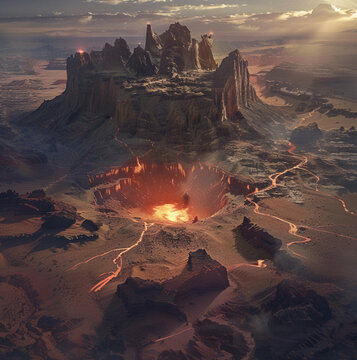 a cinematic view of a baron wasteland. in the middle is a huge crator with a glowing rock in the middle