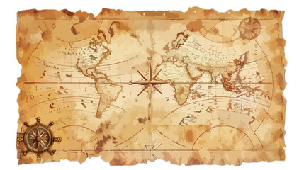 Old pirates treasure map with compass background Flat