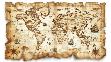 Fototapeta na wymiar Old pirates treasure map with compass background Flat