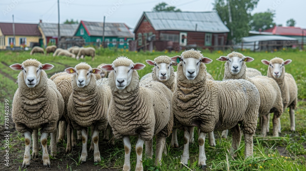 Poster a group of sheep are standing in a field. the sheep are all white and are standing in a line