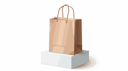 Paper shopping bag with handles on white cube. Trade