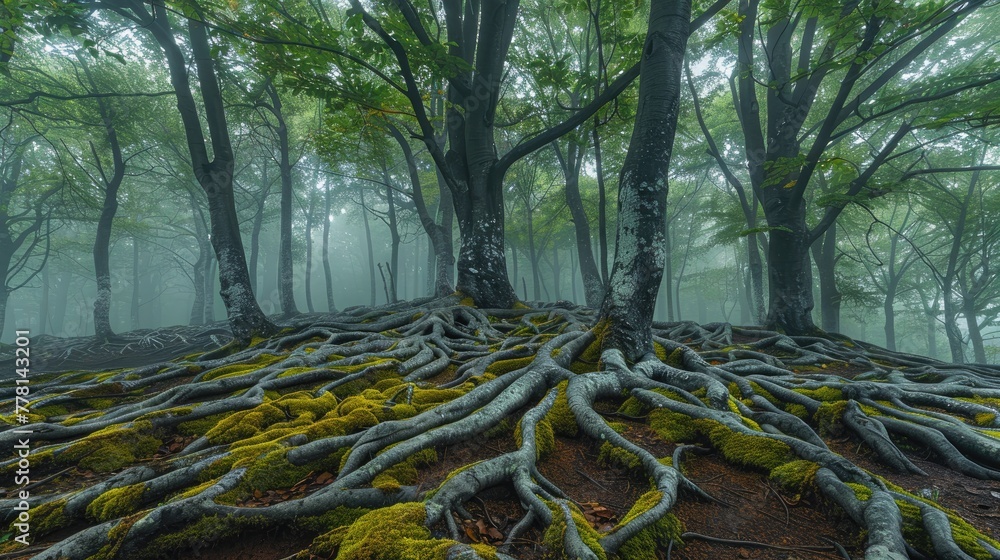 Poster a forest with trees and roots that are covered in moss. the image has a moody and mysterious feel to