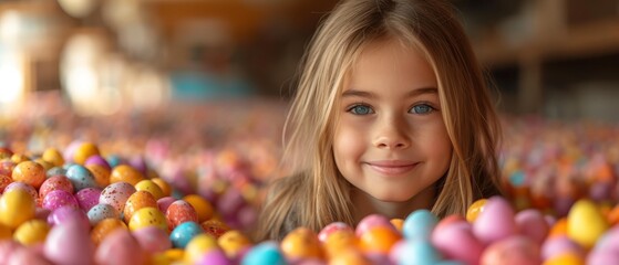 a close up of a child in a field of candy eggs with a smile on her face and long blonde hair.