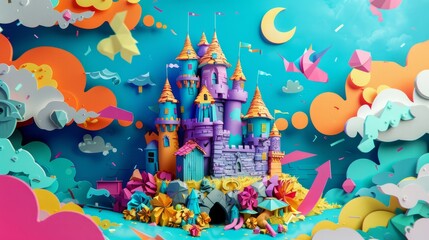 A colorful castle with a blue sky background - 778143246