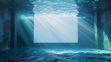 A large white screen is in the middle of a dark room with blue water - 778143268