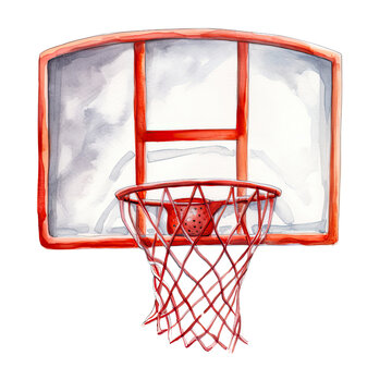 recommend clip art: AI-generated watercolor basketball hoop and net clip art illustration. Isolated elements on a white background.