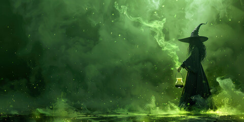 Mysterious witch casting a spell with green smoke in dark night, with hand raised in the air - obrazy, fototapety, plakaty
