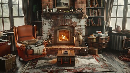 A cozy retro living room with a brick fireplace, a leather armchair, and a vintage trunk doubling...