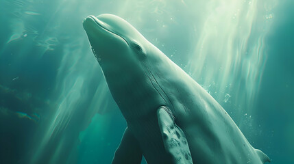 A mesmerizing close-up of a beluga whale's sleek, white form against a softly blurred underwater backdrop, offering ample space for creative content