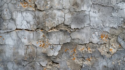 A wall with cracks and holes in it. The wall is grey and has a rough texture