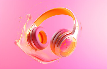 Stylish orange headphones in liquid splashes flying on pink background. Music creativity entertainment concept