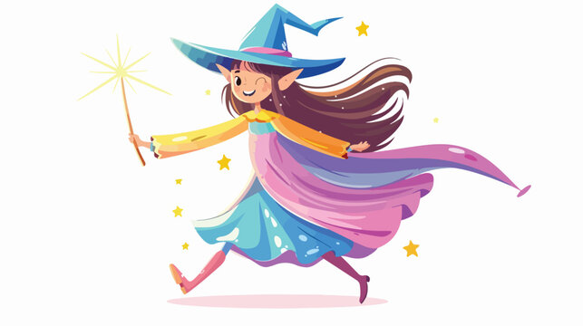 Pretty elf girl with magic wand. Vector illustration