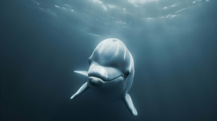 A mesmerizing close-up of a beluga whale's sleek, white form against a softly blurred underwater backdrop, offering ample space for creative content