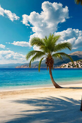 Palm tree on mountain against backdrop of azure Aegean Sea, lush mountains, fluffy clouds in blue sky and beach with white sand and people. Concept of relaxation, recreation and travel. Copy space