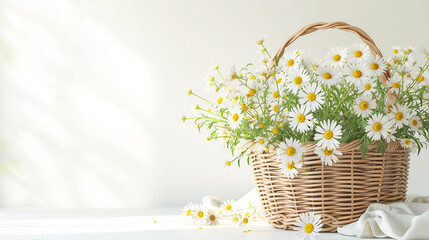 Blooming chamomiles in a wicker basket on table by the window. Daylight. Easter mothers day women's day floral banner