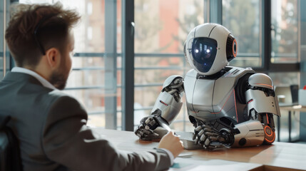 The Collaboration of Tomorrow - A human and a humanoid robot are immersed in a collaboration at a modern office desk, showcasing a seamless blend of technology and human interaction.