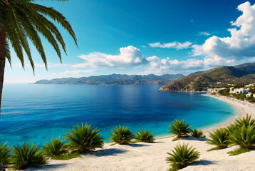 Palm tree on mountain against backdrop of azure Aegean Sea, lush mountains, fluffy clouds in blue sky and beach with white sand and people. Concept of relaxation, recreation and travel. Copy space