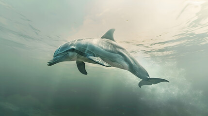 Naklejka premium A mesmerizing scene of a dolphin breaching the surface, surrounded by ethereal hues of the ocean, inviting tranquility