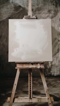 Single one easel with white empty square blank canvas in interior of studio or artist workshop. Front view. Mock up for artwork image, paint creative space. vertical video reels