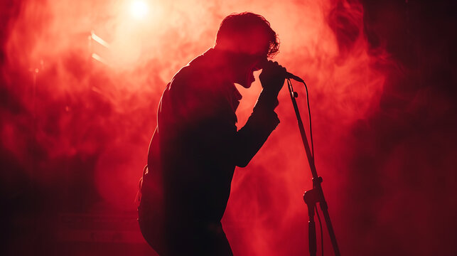 Rock musician singer holding a microphone standing on stage singing. Red smoke clouds. Dynamic emotional image