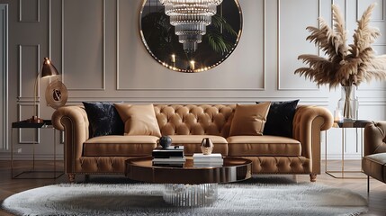 A glamorous retro living room with a velvet sofa, a mirrored coffee table, and a vintage-inspired...