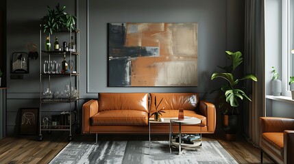 A mid-century modern-inspired retro living room with a grey empty wall adorned with abstract artwork, a sleek leather sofa, and a retro-inspired bar cart