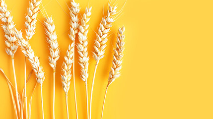 Dry ears of wheat on bright yellow background. Baking bread making agriculture concept