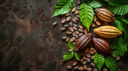 ripe fruits, cocoa grains and leaves on a dark background, top view, copy space