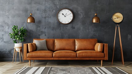 A mid-century modern-inspired retro living room with a grey empty wall accentuated by a statement clock, a sleek leather sofa, and a retro-inspired floor lamp