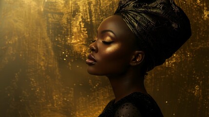 African woman in gold on black background, girl in black dress, Luxury and premium photography for advertising product design, isolated on golden background - obrazy, fototapety, plakaty