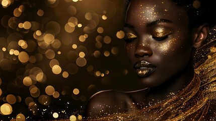 African woman in gold on black background, girl in black dress, Luxury and premium photography for advertising product design, isolated on golden background