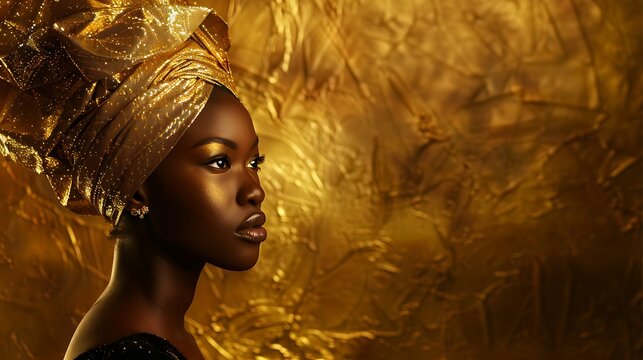 African woman in gold on black background, girl in black dress, Luxury and premium photography for advertising product design, isolated on golden background