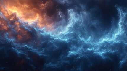 a computer generated image of a sky with clouds and a star in the center of the sky and a bright orange and blue cloud in the middle of the sky.