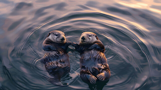 A pair of sea otters holding hands as they float effortlessly in the calm waters, their sleek bodies creating ripples that blend into the soft hues of the ocean at dusk