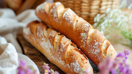 Freshly baked crusty French baguettes. Wildflowers. Rustic atmosphere. Delicious whole organic food
