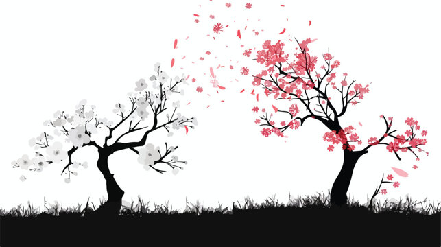 Sakura trees and flowers vector with gradient black a