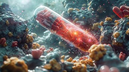 A sci-fi themed depiction of a probiotic capsule landing in a stylized gut environment