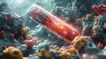Fotobehang A sci-fi themed depiction of a probiotic capsule landing in a stylized gut environment © Thanapipat