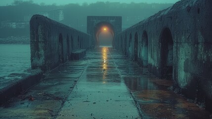 a light at the end of a tunnel on a foggy day with a light at the end of the tunnel. - obrazy, fototapety, plakaty