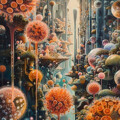 Abstract representation of the human gut flora as a bustling futuristic city - obrazy, fototapety, plakaty