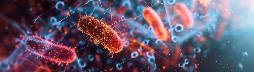 High-resolution image of gut bacteria and probiotics interacting with digital data points and graphs overlaying - obrazy, fototapety, plakaty