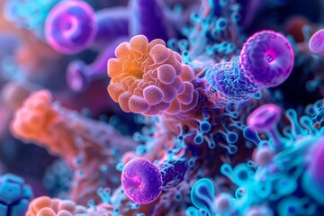 Microscopic close-up of a symbiotic relationship between human cells and probiotics - obrazy, fototapety, plakaty