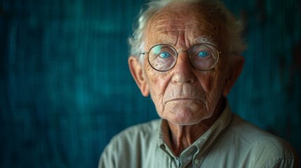 an old man with glasses and a green shirt is looking at the camera with a serious look on his face. - obrazy, fototapety, plakaty