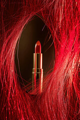Vibrant Red Lipstick on Feathery Red Background with Copy Space for Beauty and Cosmetics Concept