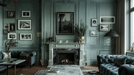 A refined retro living room with a marble fireplace, a velvet sofa, and a gallery wall of black-and-white photographs capturing moments from the past
