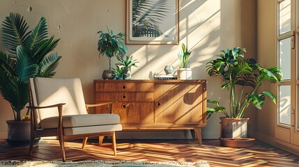 A serene retro living room with a mid-century modern armchair, a wooden sideboard displaying retro...